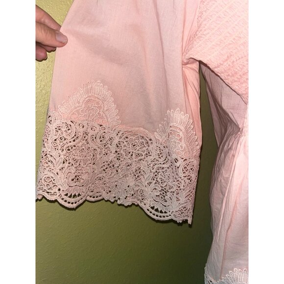 Womens Tunic Pink Lace Trim Smocked Front Button-Down Blouse Size 16 EC 46" Bust - Picture 2 of 6